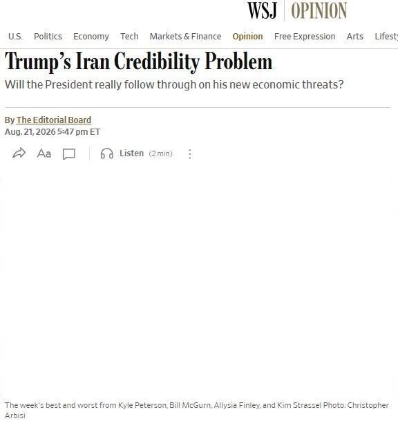 Wall Street Journal: Bumababa ang Kredibilidad ni Trump Laban sa Iran