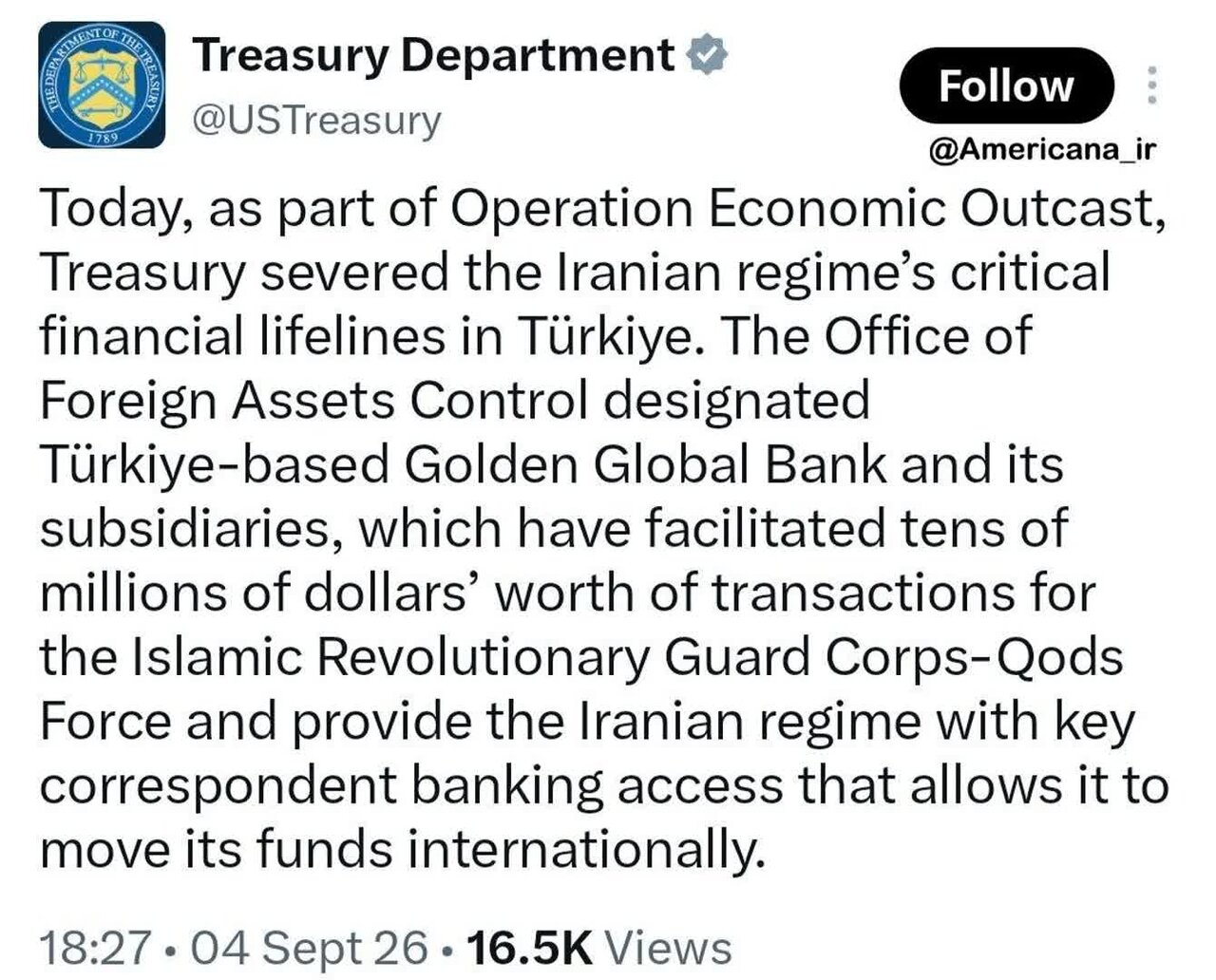 US, Nagpataw ng Sanctions sa Golden Global Bank ng Turkey