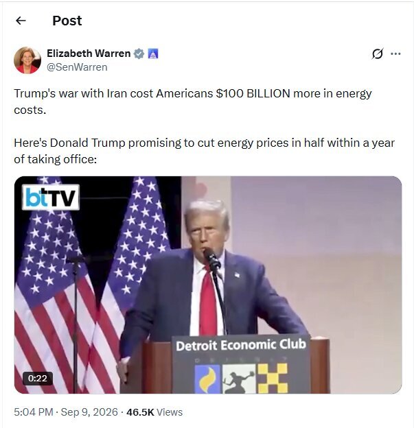ウォーレン上院議員：トランプのイランとの戦争はアメリカに1000億ドルの費用をもたらした