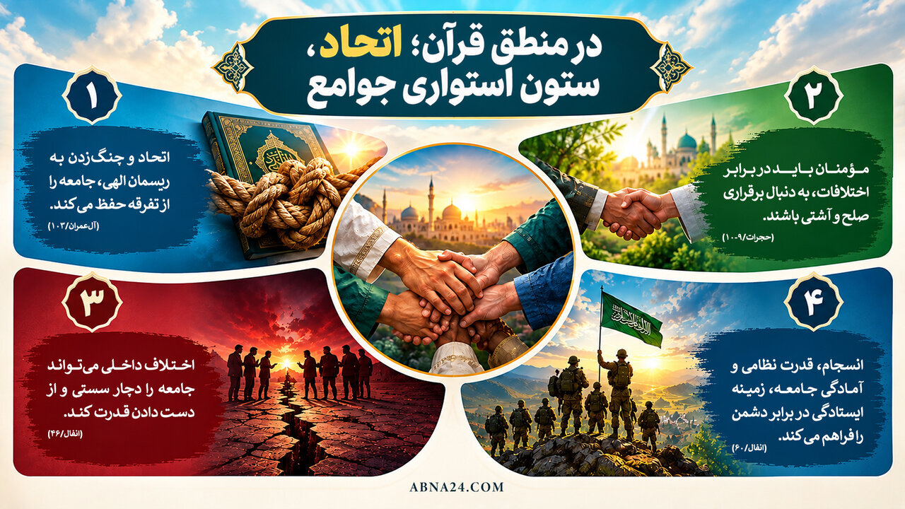 اینفوگرافی | راهبرد قرآن در مواجهه با جنگ روایت‌ها؛ هر خبری را بی‌درنگ باور نکنیم