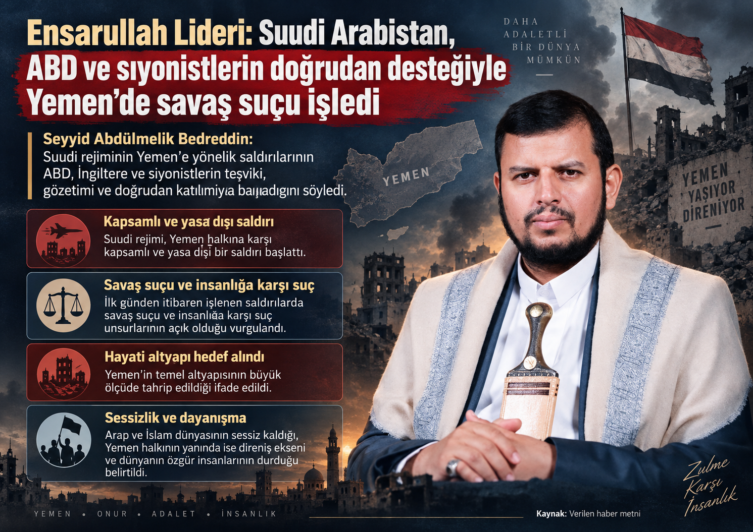 Ensarullah Lideri el-Husi: Suudi Arabistan, ABD ve İsrail’in doğrudan desteğiyle Yemen’de savaş suçları işledi