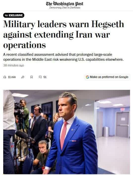 Makamanda Wakuu wa Marekani Wamwonya Hegseth Kuhusu Kuendelea kwa Vita Dhidi ya Iran