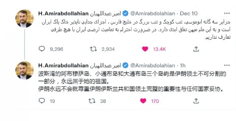 イラン外相が、自国領土保全を尊重する必要性を中国語でツイート