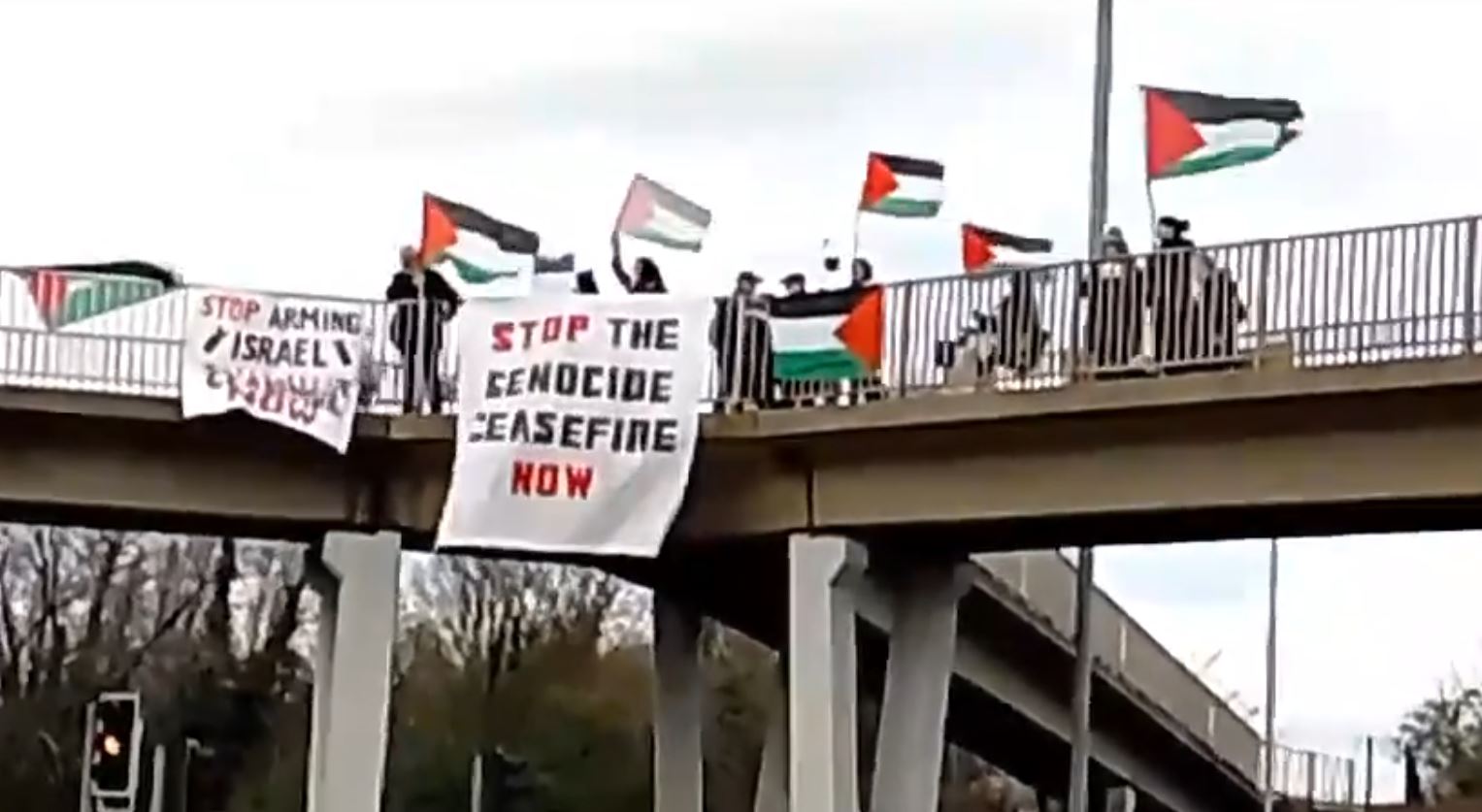 Video: Raising flag of Palestine in a bridge of Peterborough, UK in solidarity with Gaza 