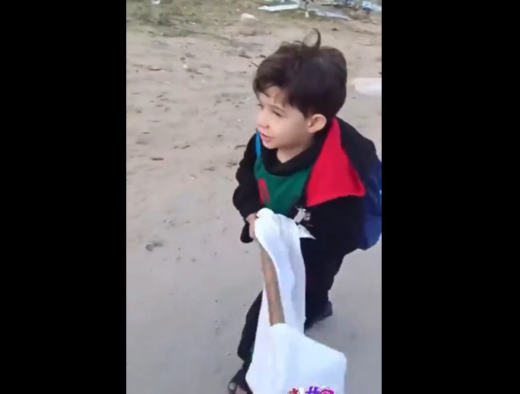 Video: A little boy holding a white flag while fleeing in Gaza due to continuous Israeli bombardment