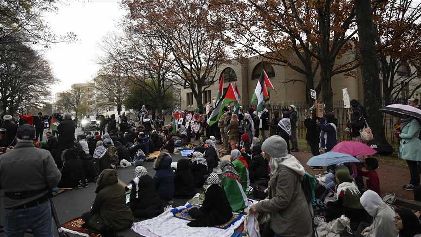 Muslims perform Friday prayers, protest near Israeli Embassy in Washington, US