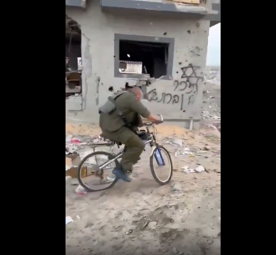 Video: Israeli soldiers riding stolen bicycles from Palestinian homes they destroyed in N Gaza