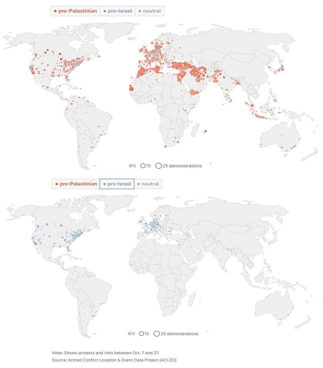 A map showing pro-Palestine and pro- Israel protests around the world