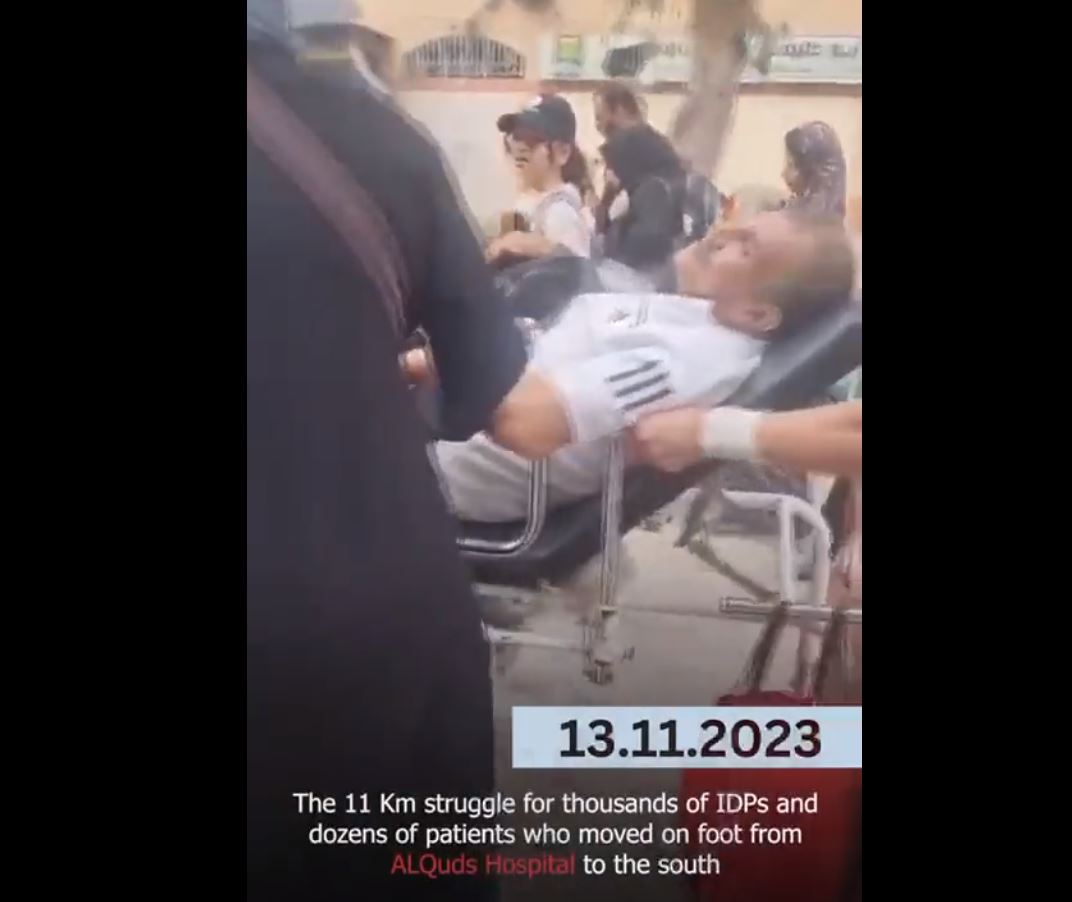 Thousands of displaced & patients leaving Gaza Al-Quds hospital to south by foot