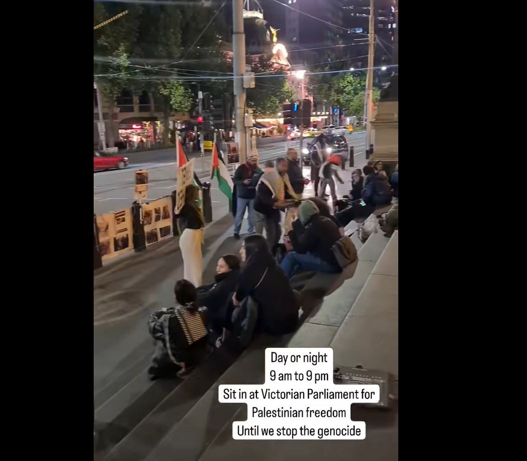 Video: Day or night, pro-Palestine activist sitting in front of Victorian Parliament, Australia 