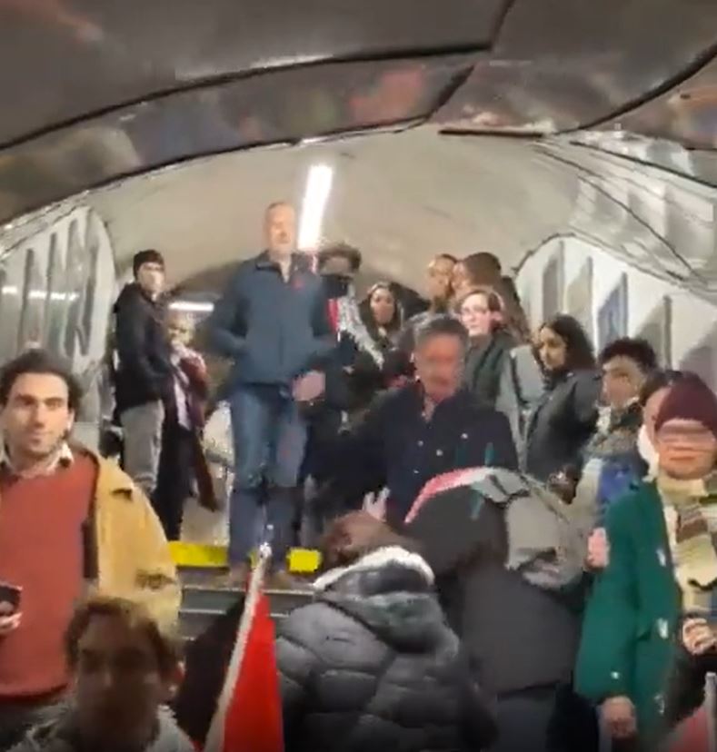 Video: Pro-Israel man attacks a pro-Palestine demonstrator inside Charing Cross station in London