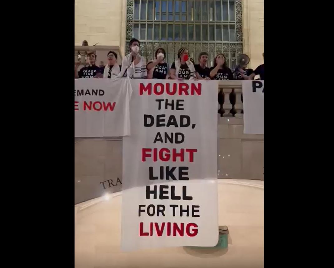 "Mourn dead and fight like hell for living"... Spotted at a massive protest at Grand Central Station in NY