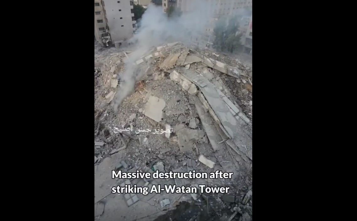 Video: Massive destruction caused as a result of targeting Al-Watan tower in Gaza 