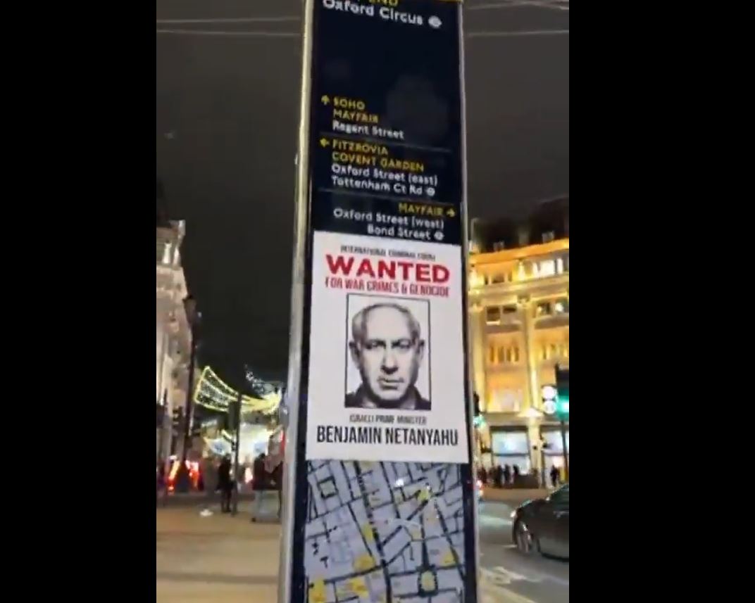 Video: Wanted stickers for Israeli criminal PM Netanyahu all around London, UK