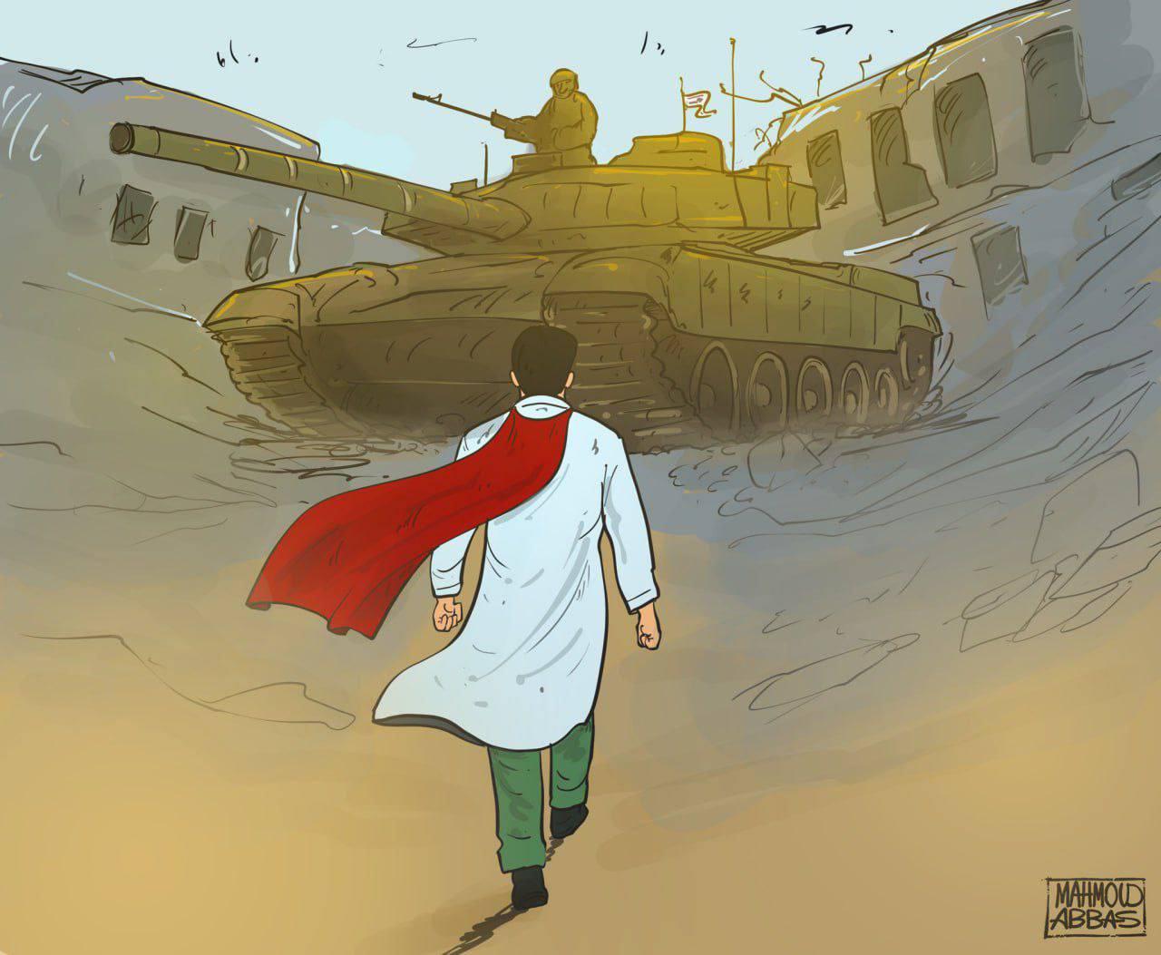 Cartoon: Bravery of Dr. Hussam Abu Safiya, director of Kamal Adwan Hospital, in front of Israeli forces