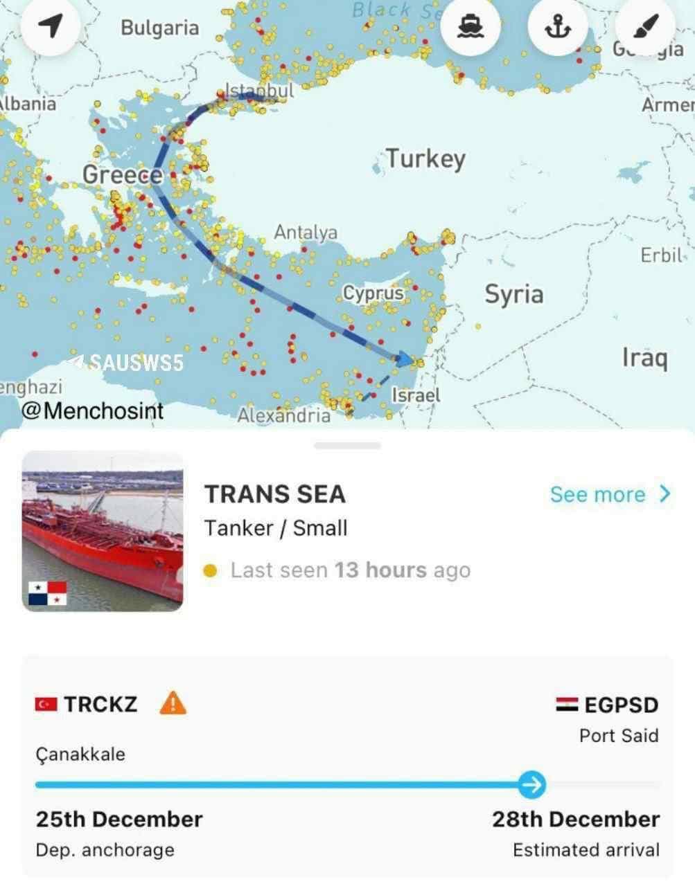 Türkiye, İsrail ile Ticaretine Devam Ediyor; Tanker "TRANS SEA" Hayfa'ya Hareket Etti + Foto