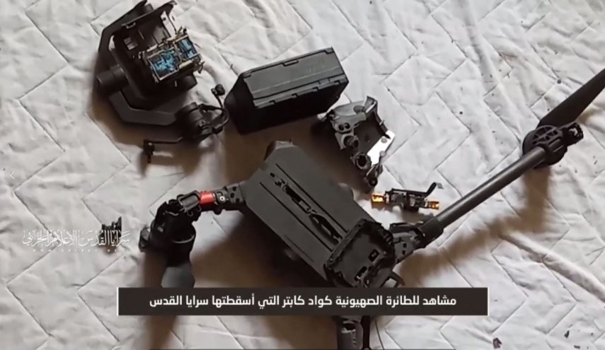 فيديو | مشاهد للطائرة الصهيونية من نوع "كواد كابتر" التي أسقطتها سرايا القدس شرق خانيونس