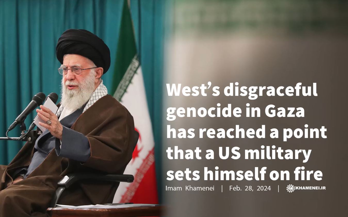 Video: West’s disgraceful genocide in Gaza has reached a point that a US military sets himself on fire - Imam Khamenei
