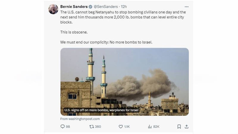 Senator Sanders denuncia l'ipocrisi di Biden sulla guerra a Gaza