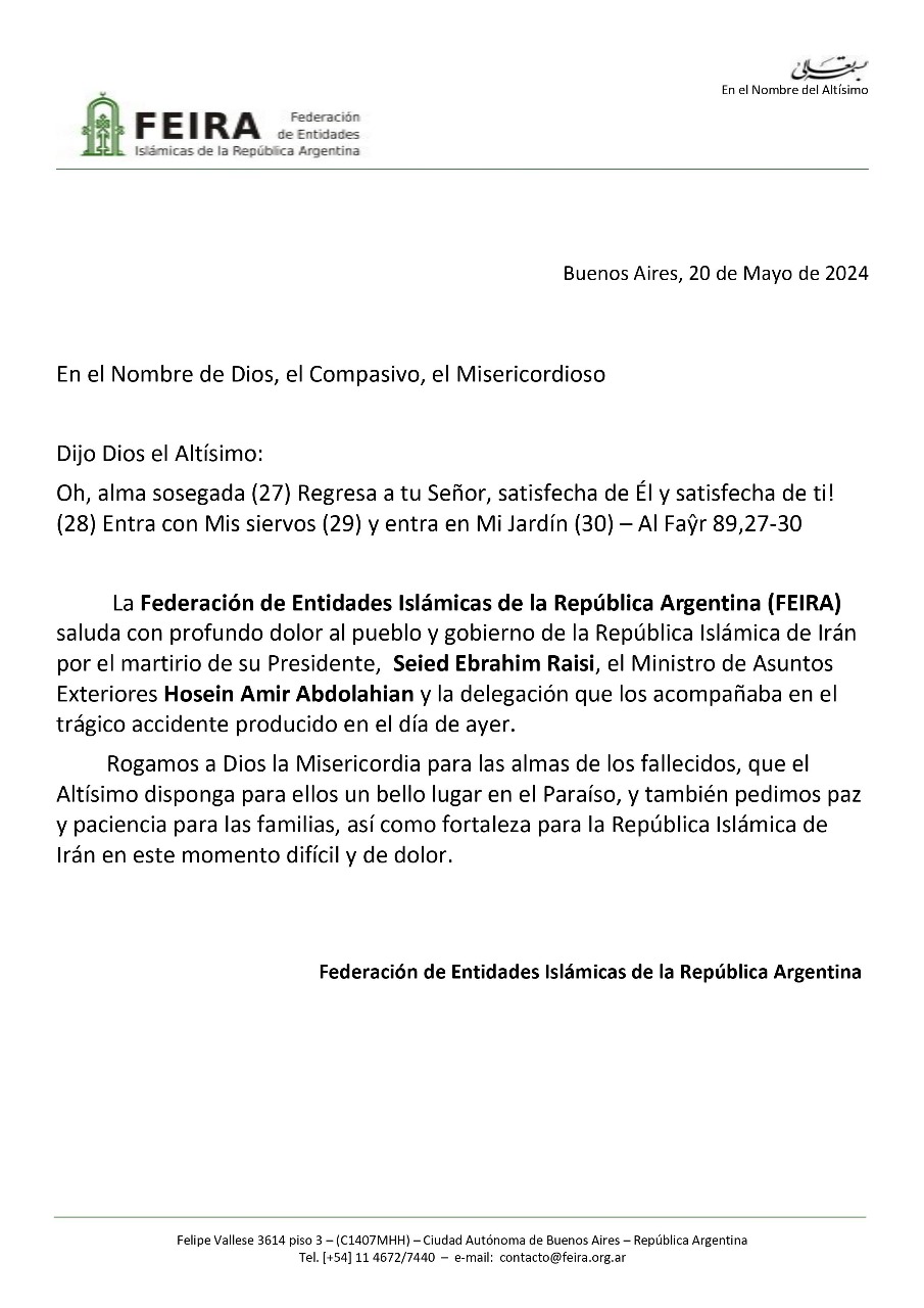 FEIRA extiende sus condolencias por el martirio del presidente Raisi