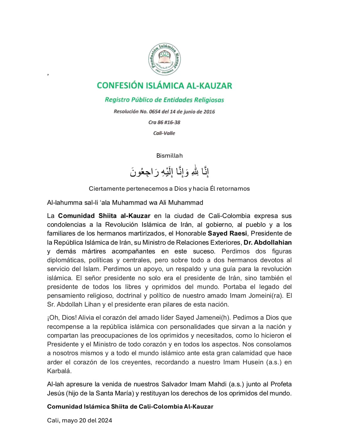 Confesión Islámica Al-Kauzar extiende sus condolencias por el martirio del presidente Raisi