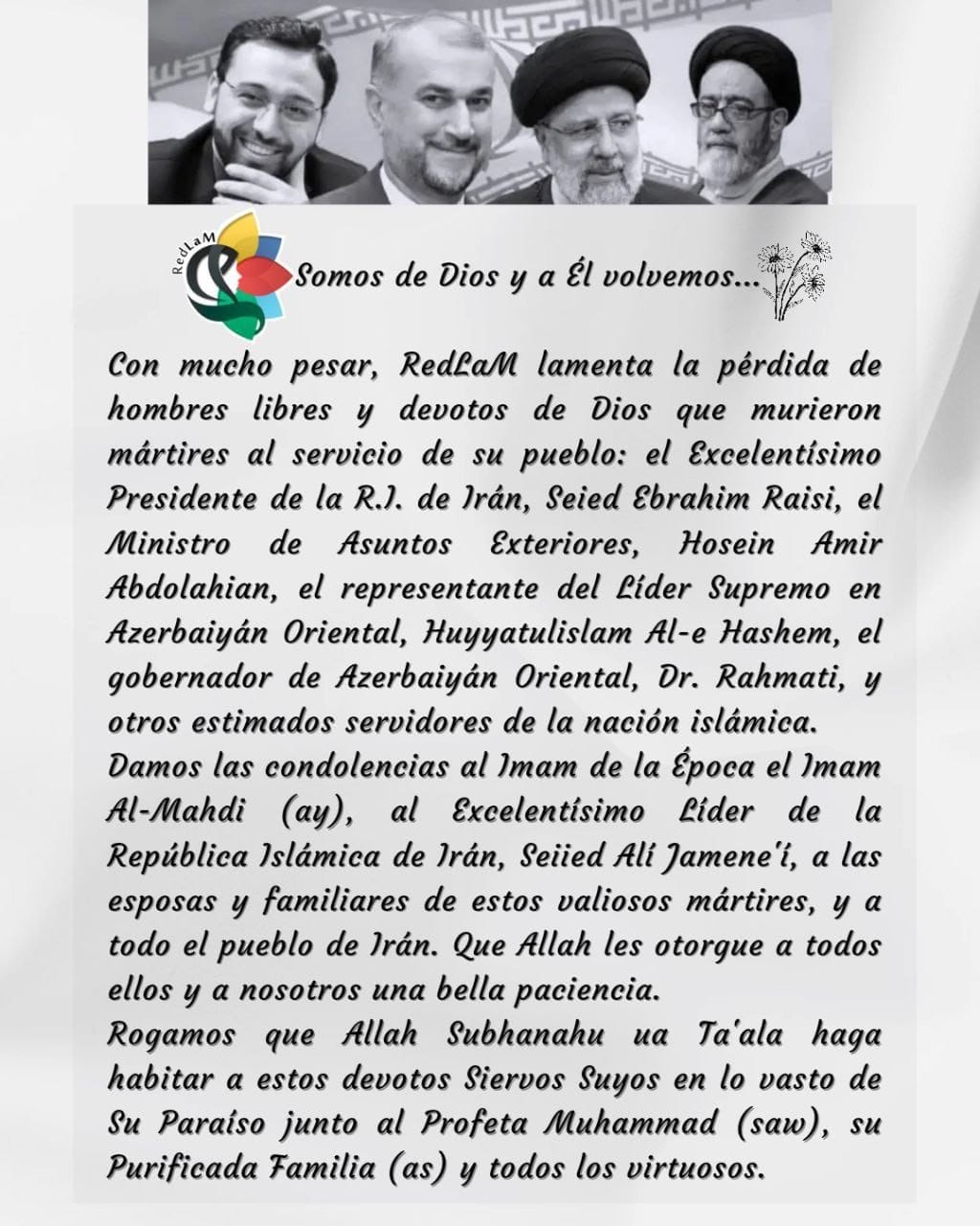 RedLam lamenta el martirio del Presidente Raisi y su comitiva