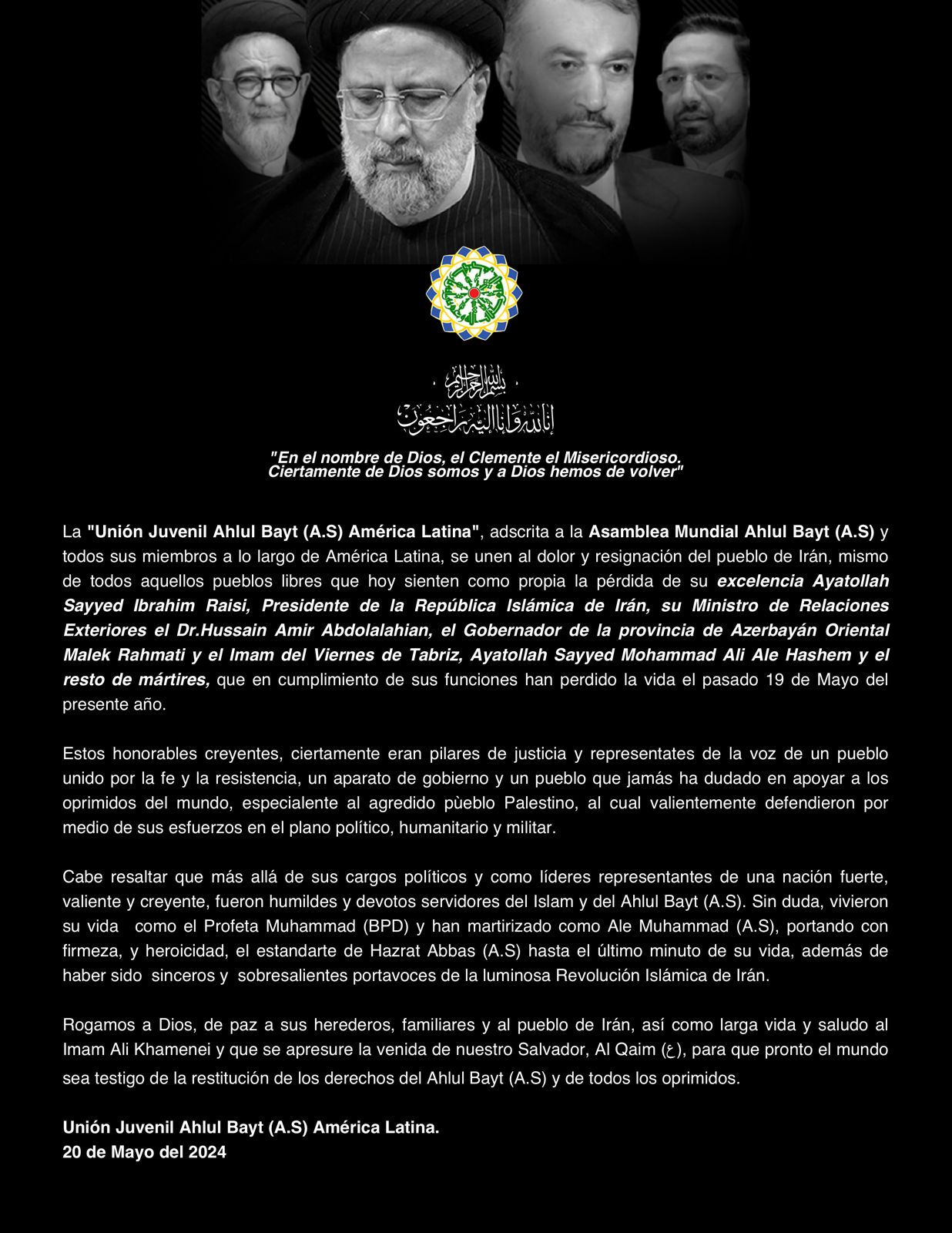 Unión Juvenil Ahlul Bayt América Latina se suman a las condolencias por el martirio del presidente Raisi