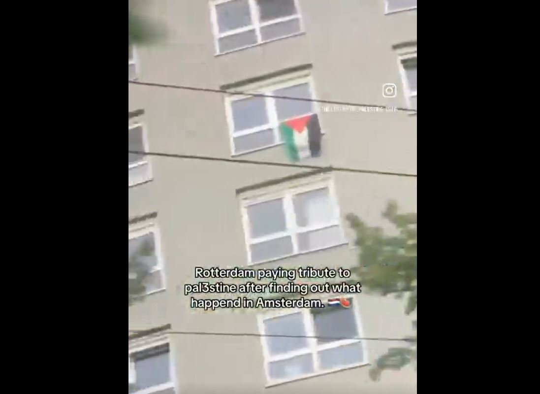 Video: Palestine flag adorns buildings in Rotterdam, Netherlands after Israeli hooligans tore it down 