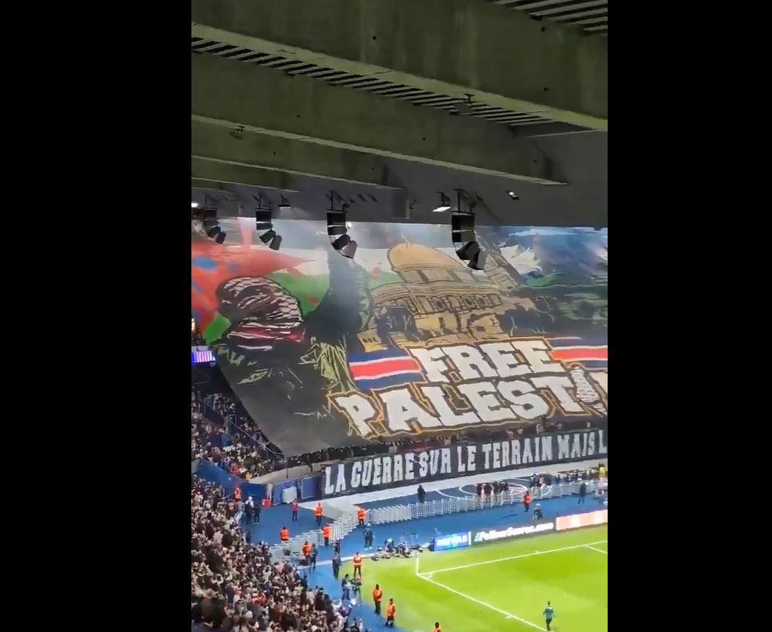 Video: Paris Saint-Germain fans unfurled a giant “Free Palestine” banner in UEFA Champions League 