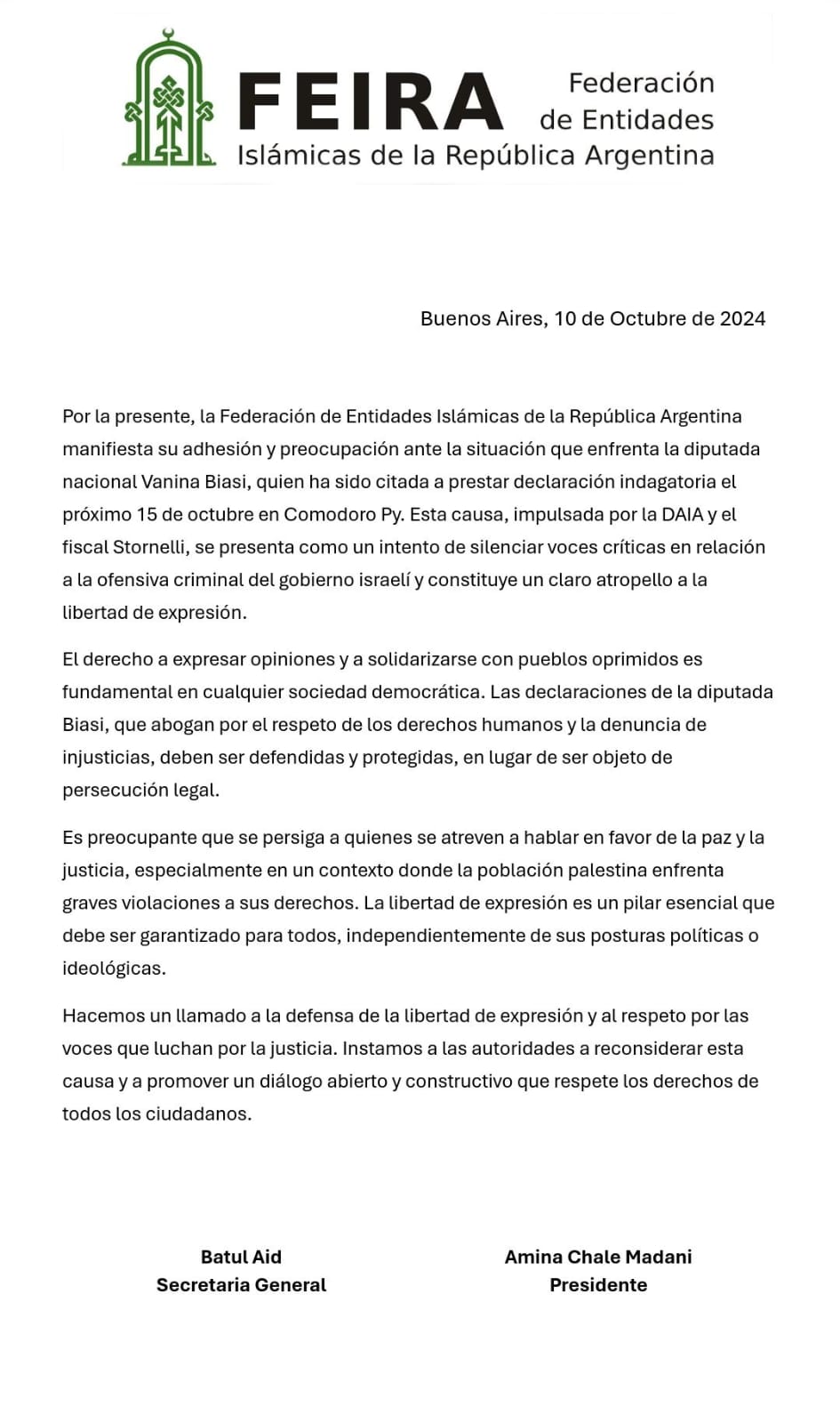 FEIRA manifiesta su preocupación por la situación que enfrenta la diputada argentina Vanina Biasi FEIRA manifiesta su preocupación por la situación que enfrenta la diputada argentina Vanina Biasi