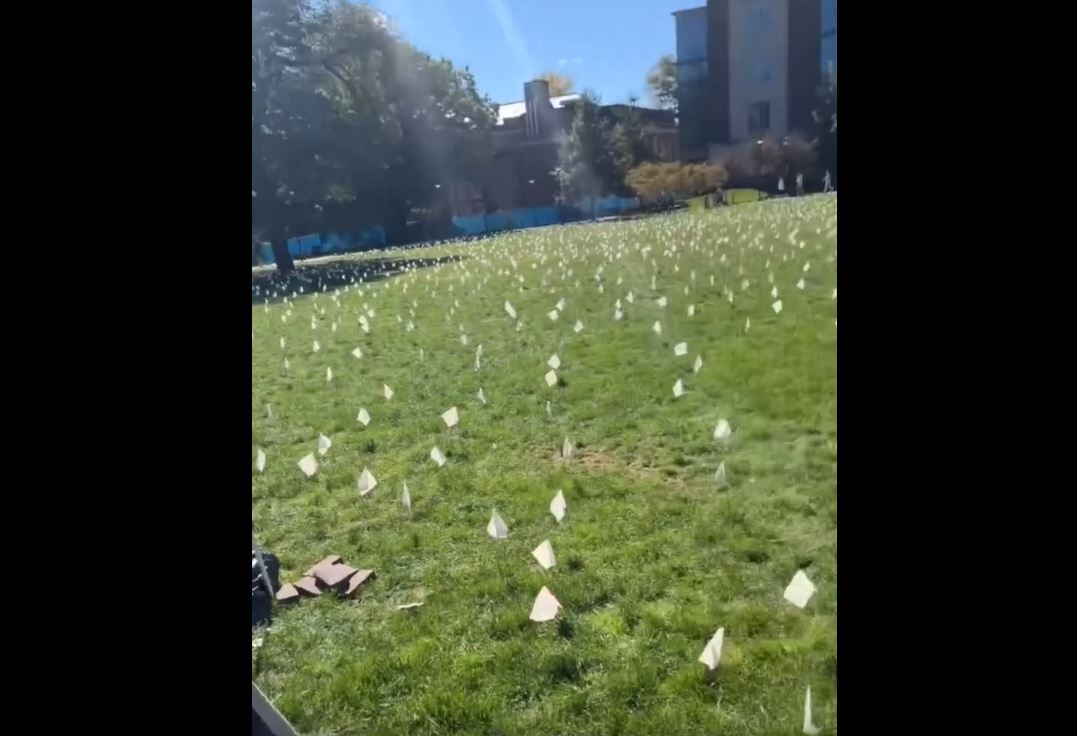 Video: Students at Penn Univ set up 18,600 small flags to represent Palestinian children killed by Israel