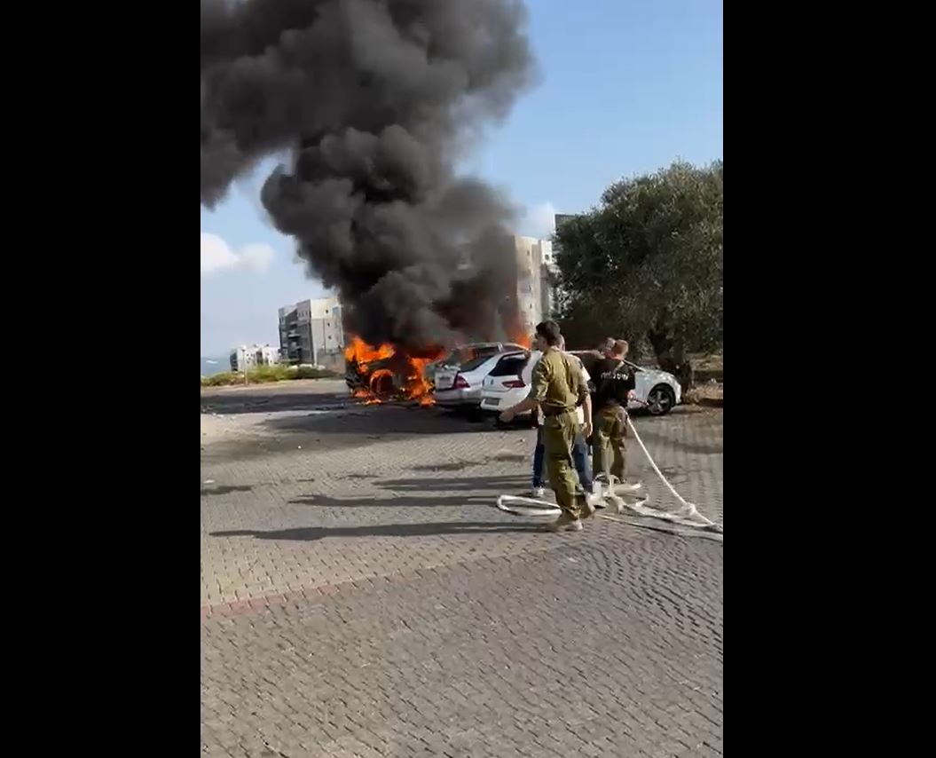 Video: Vehicles caught fire after Hezbollah rockets falling in Kfar Vradim in Western Galilee
