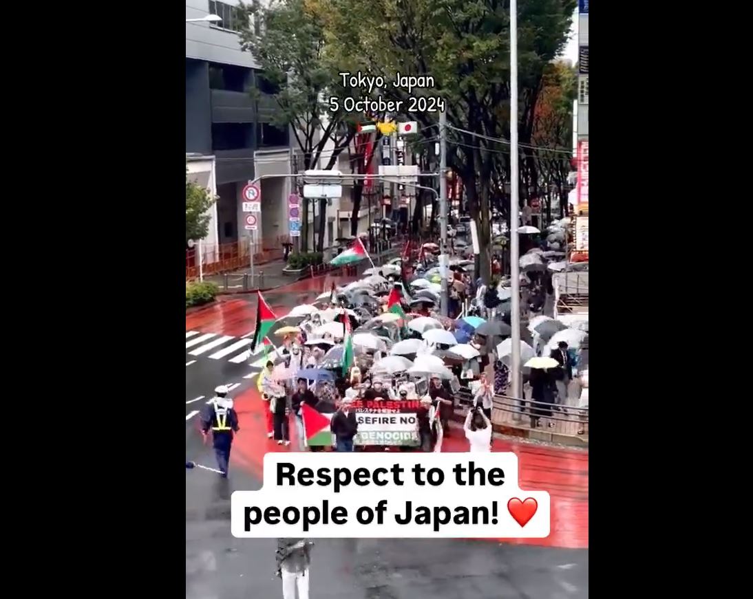 Video: Solidarity rally with Palestine in Tokyo, Japan under rainy weather