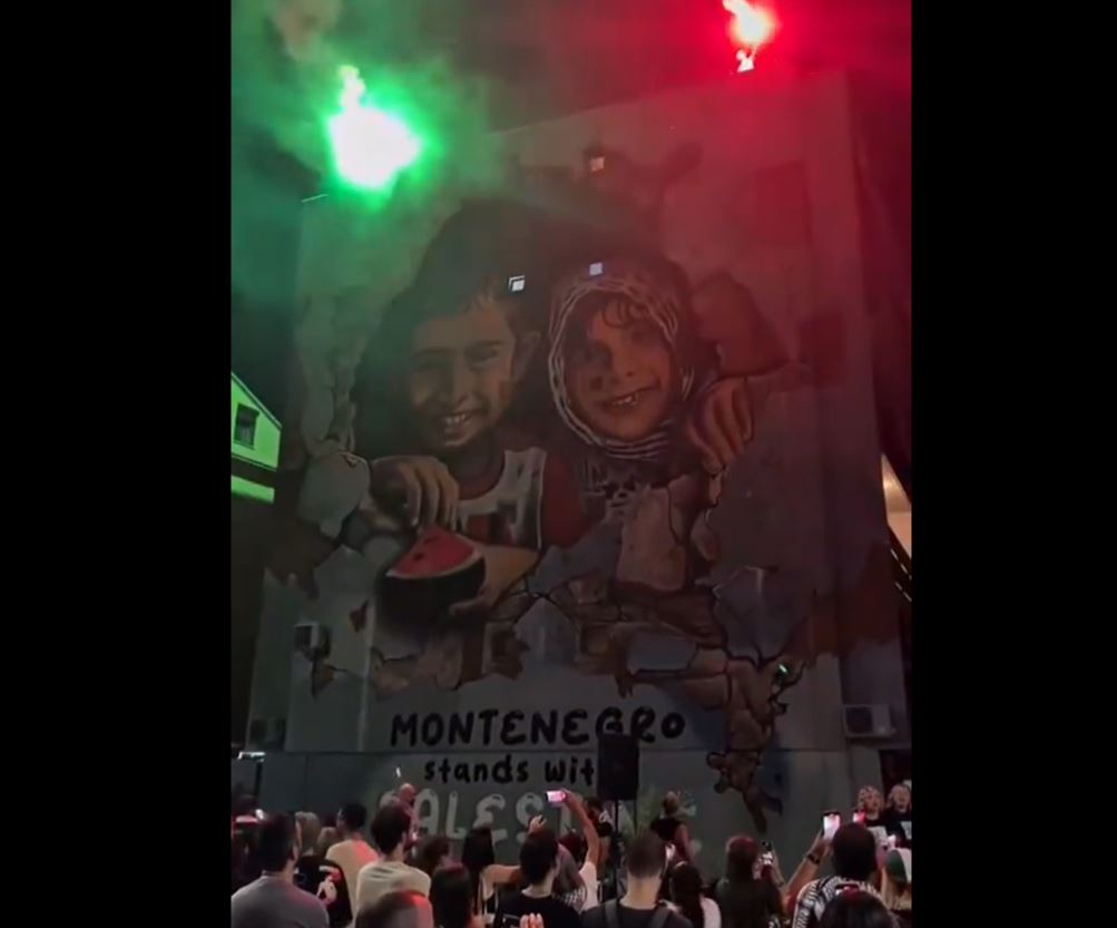Video: Pro-Palestine protest in front of huge mural for Gaza in Podgorica, Montenegro