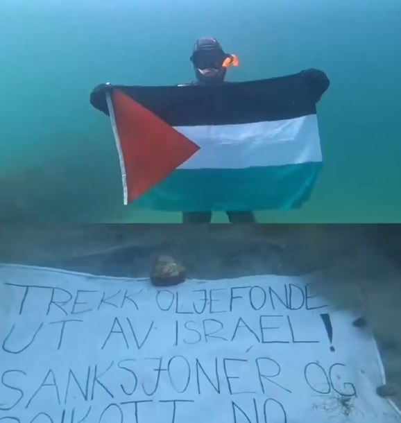 Video: A pro-Palestine diver proudly waves Palestinian flag from underneath water in Lofoten, Norway