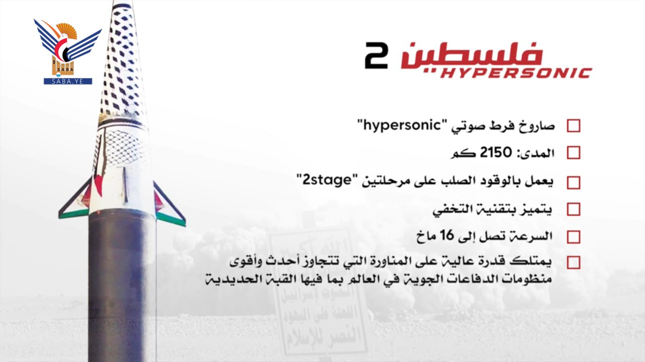 القوات المسلحة اليمنية تكشف عن مواصفات صاروخ "فلسطين 2" الفرط صوتي+(صور&فيديو)