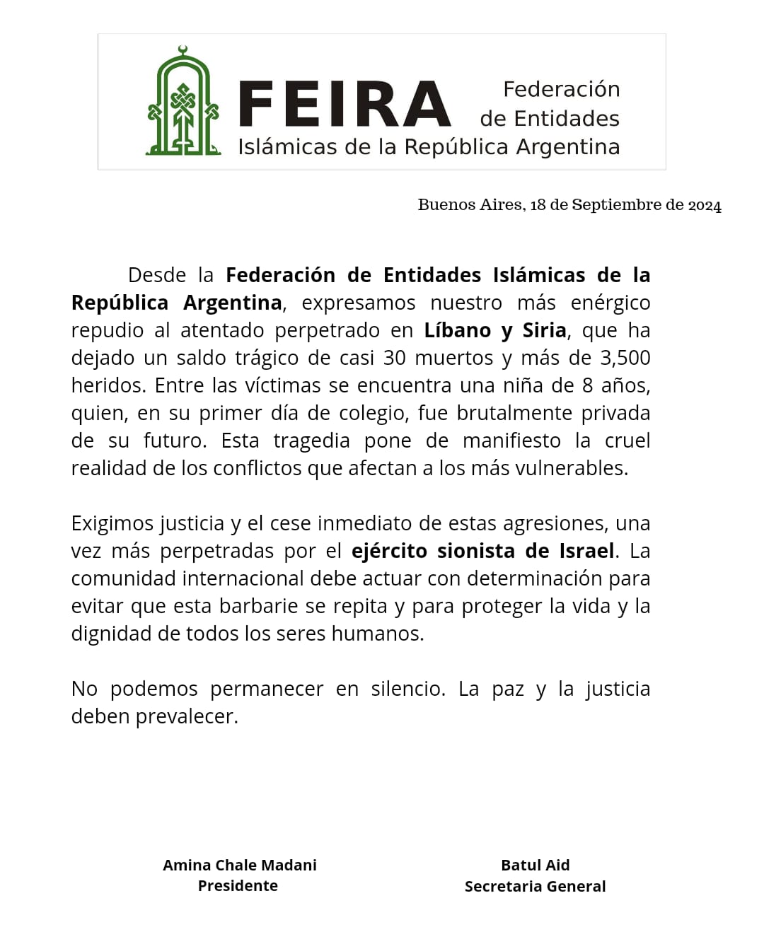 FEIRA expresa enérgicamente su repudio a los ataques contra Líbano y Siria