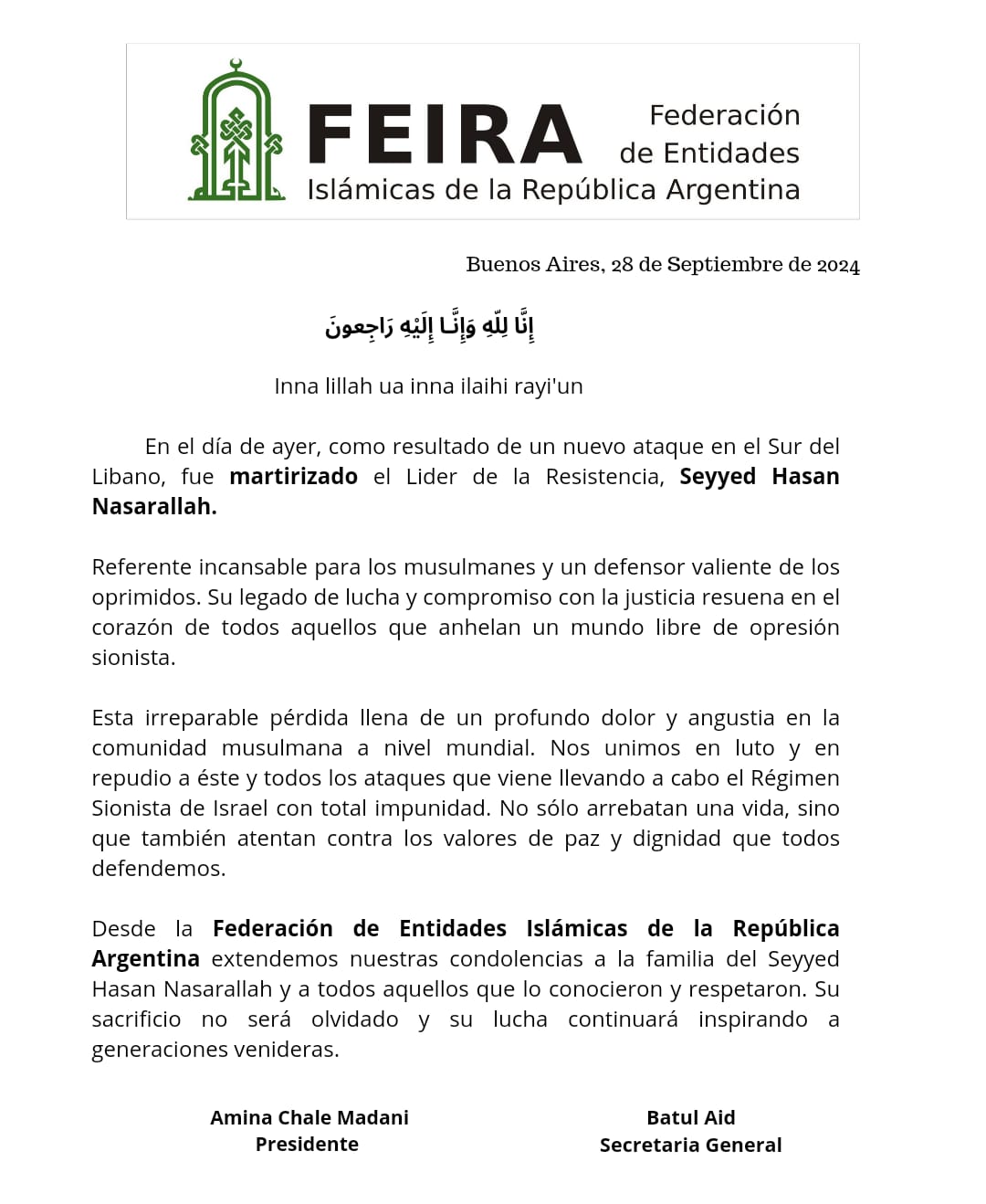 FEIRA repudia el asesinato de Sayyed Hassan Nasralá
