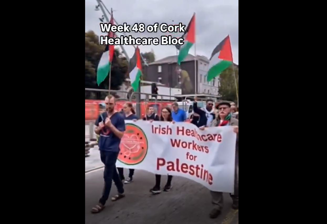 Video: Irish healthcare workers staged a sit-in protest in Cork, calling for a ceasefire in Gaza