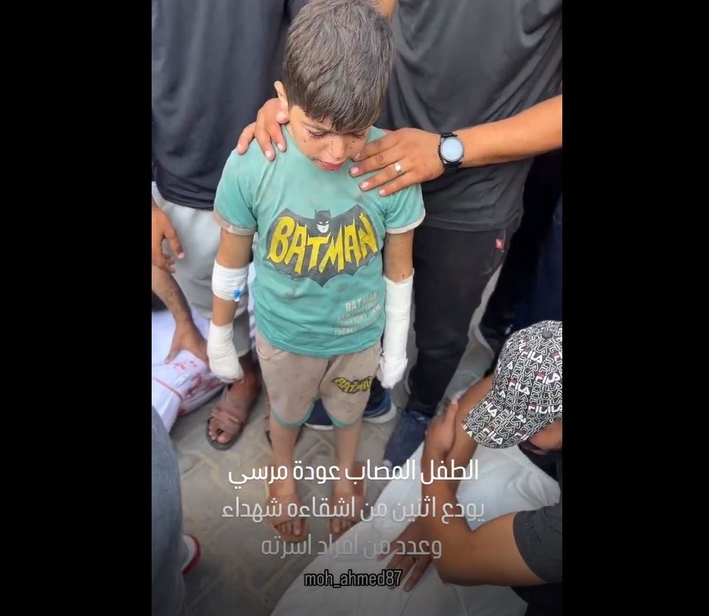 Video: Injured Palestinian child farewell to several family members killed in Israeli airstrike in Jabalia, Gaza