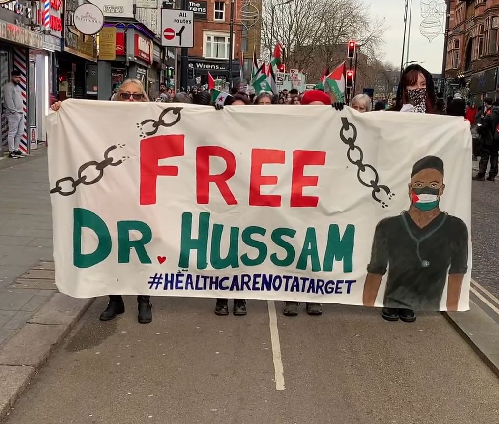 Video: Protest march in Leeds, England demanding release of Palestinian director of Kamal Adwan Hospital