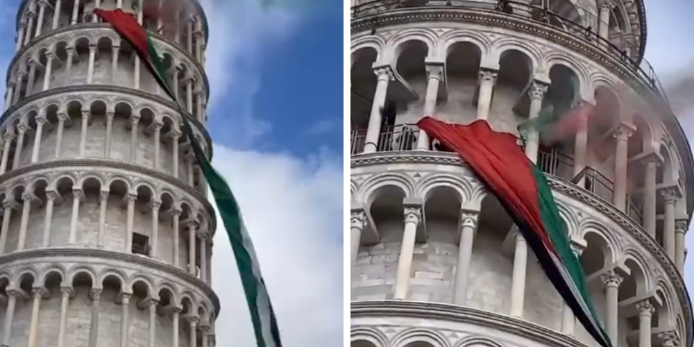 Palestinian flag raised at leaning tower of Pisa in Italy