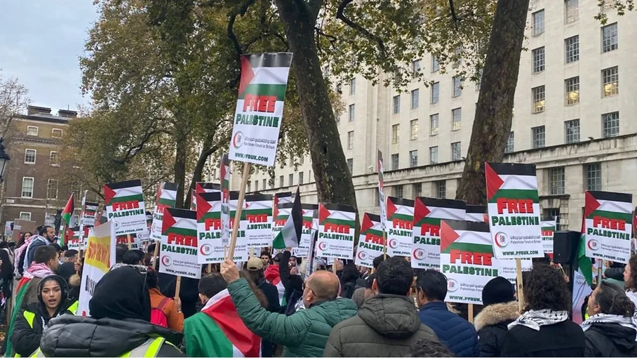 أنصار فلسطين أمام مقر الحكومة البريطانية للمطالبة بوقف العدوان على غزة