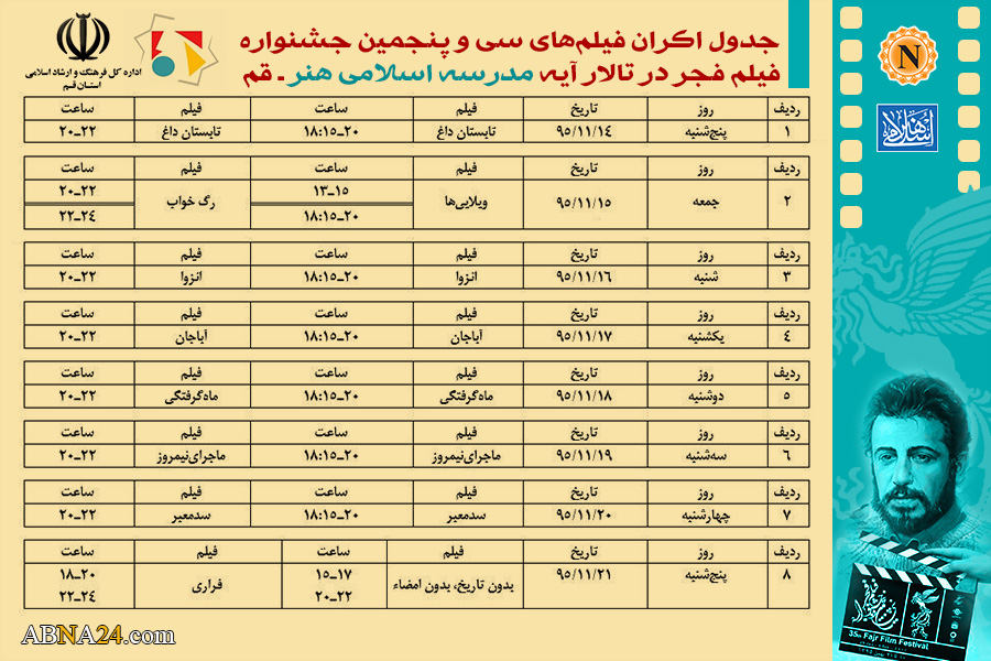 نمایش فیلم‌های سی و پنجمین جشنواره فیلم فجر در تالار آیه قم + جدول