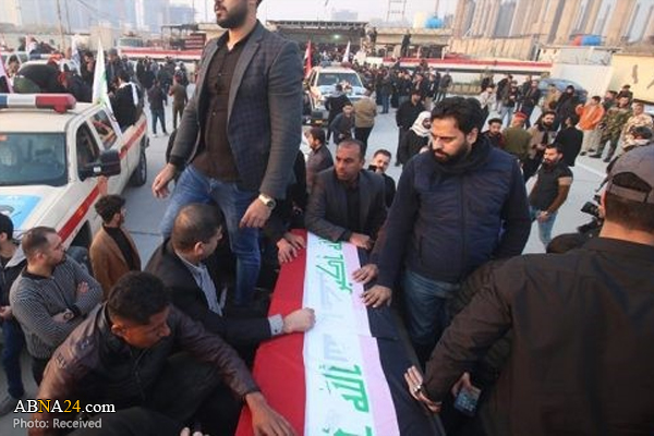 آغاز مراسم تشییع پیکرهای پاک سردار سلیمانی و ابومهدی المهندس در بغداد + عکس