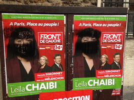 Les affiches d’une candidate du Front de Gauche, Leïla Chaïbi, taguées d’un voile intégral