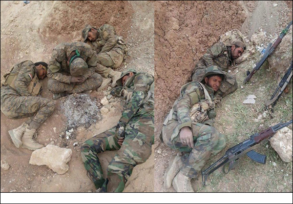 صور / مجاهدو الحشد الشعبي يتخذون آديم الارض للراحة لهم في ساحات الوغى