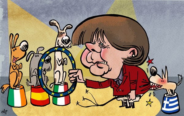 Circo de la Unión Europea; Grecia, Italia, Irlanda, España Mascotas Amaestradas por Merkel