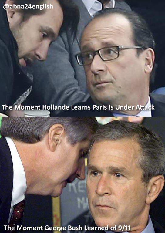 Comparative photos of Hollande and George Bush when hearing about terrorist attacks in their countries 