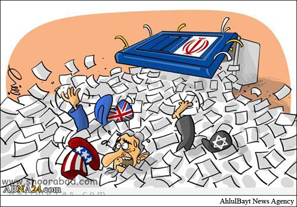 كاريكاتير / الشعب الایراني من خلال توجههم الى صنادیق الاقتراع سیمرغ انف الاعداء بالتراب